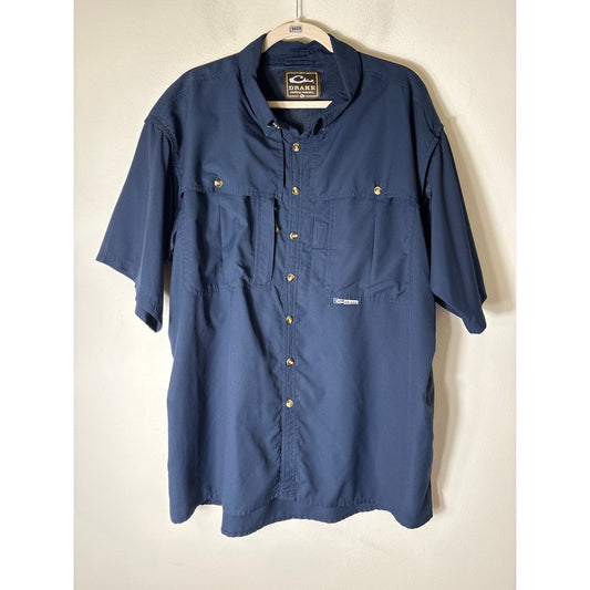 Men's Drake Navy Blue Short Sleeve Fishing Shirt Sz XL