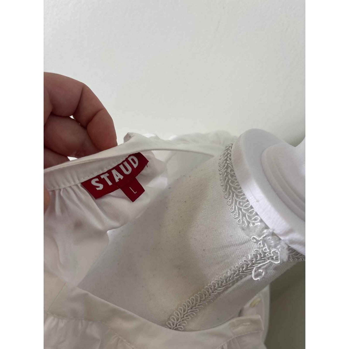 Staud White Long Puff Sleeve Cotton Button Up Mini Dress Sz L