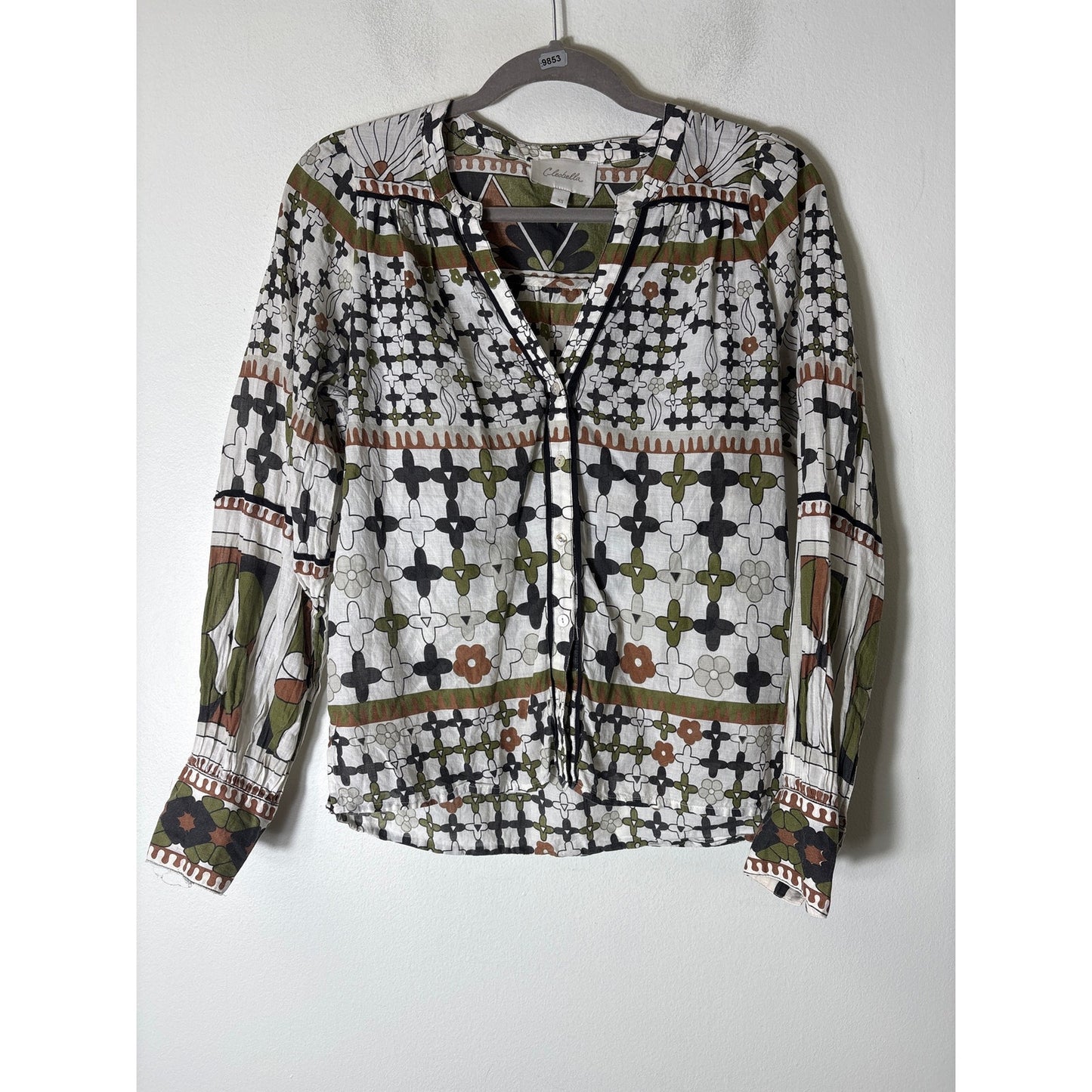 Cleobella Olive and Brown Design Long Sleeve V NEck Shirt Sz XS
