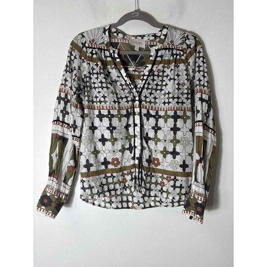 Cleobella Olive and Brown Design Long Sleeve V NEck Shirt Sz XS