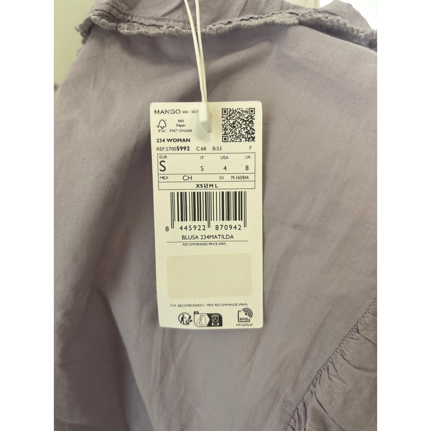 NWT Mango Lavendar Long Puff Sleeve Cotton Button Up Top Sz S