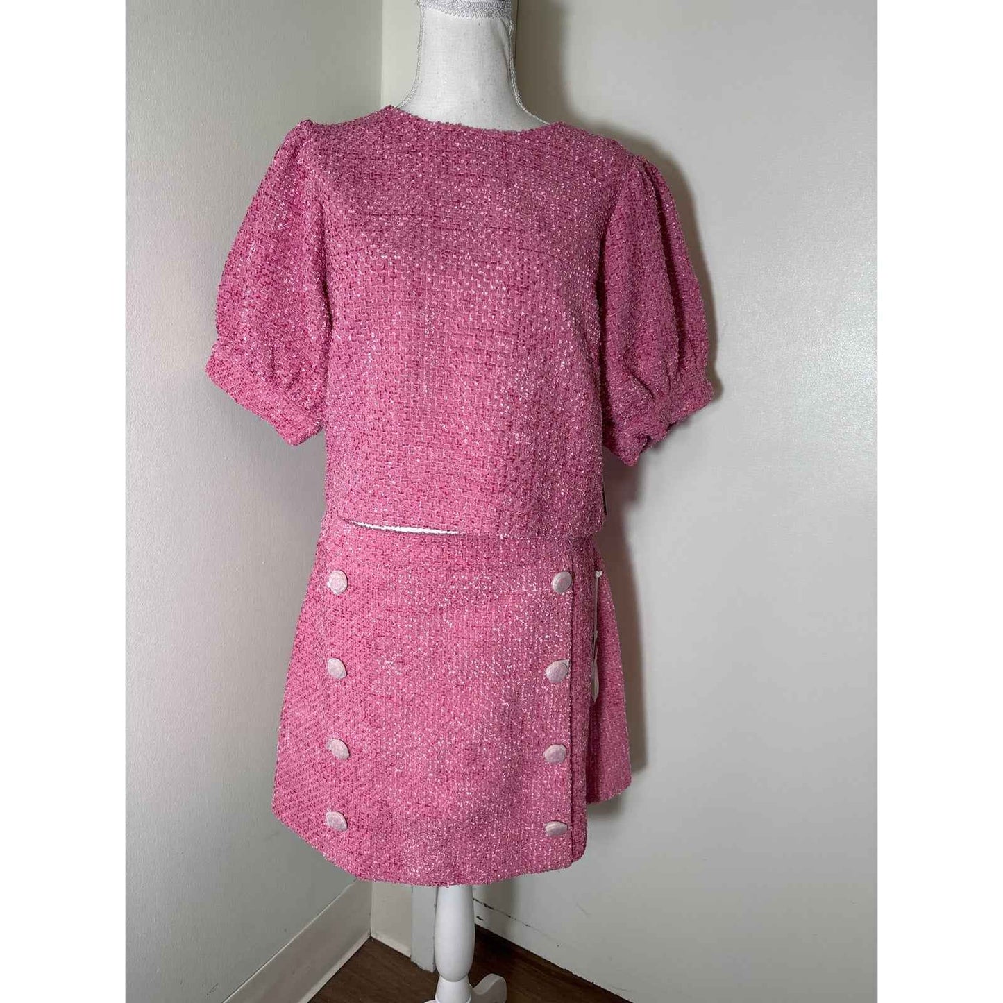 NWT Hyacinth House Berry Pink Tweed Half Puff Sleeve Skirt Suit Set Sz L