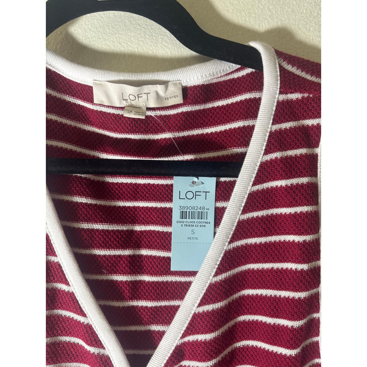 NWT Loft Brick red and White Stripe Sleeve Top Sz S