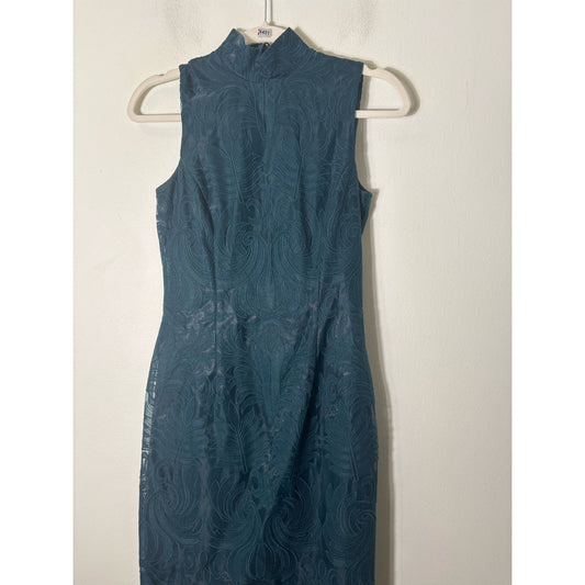 Antonio Melani Deep Green Sleeveless High Collar Midi Sheath Dress Sz 0