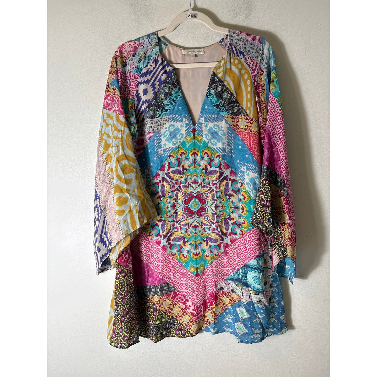Lavender Brown Multicolor Long Sleeve A-Line V-Neck Mini Dress Sz S