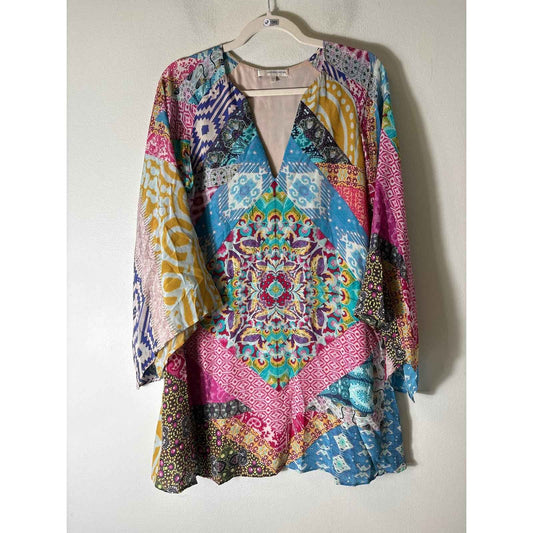 Lavender Brown Multicolor Long Sleeve A-Line V-Neck Mini Dress Sz S