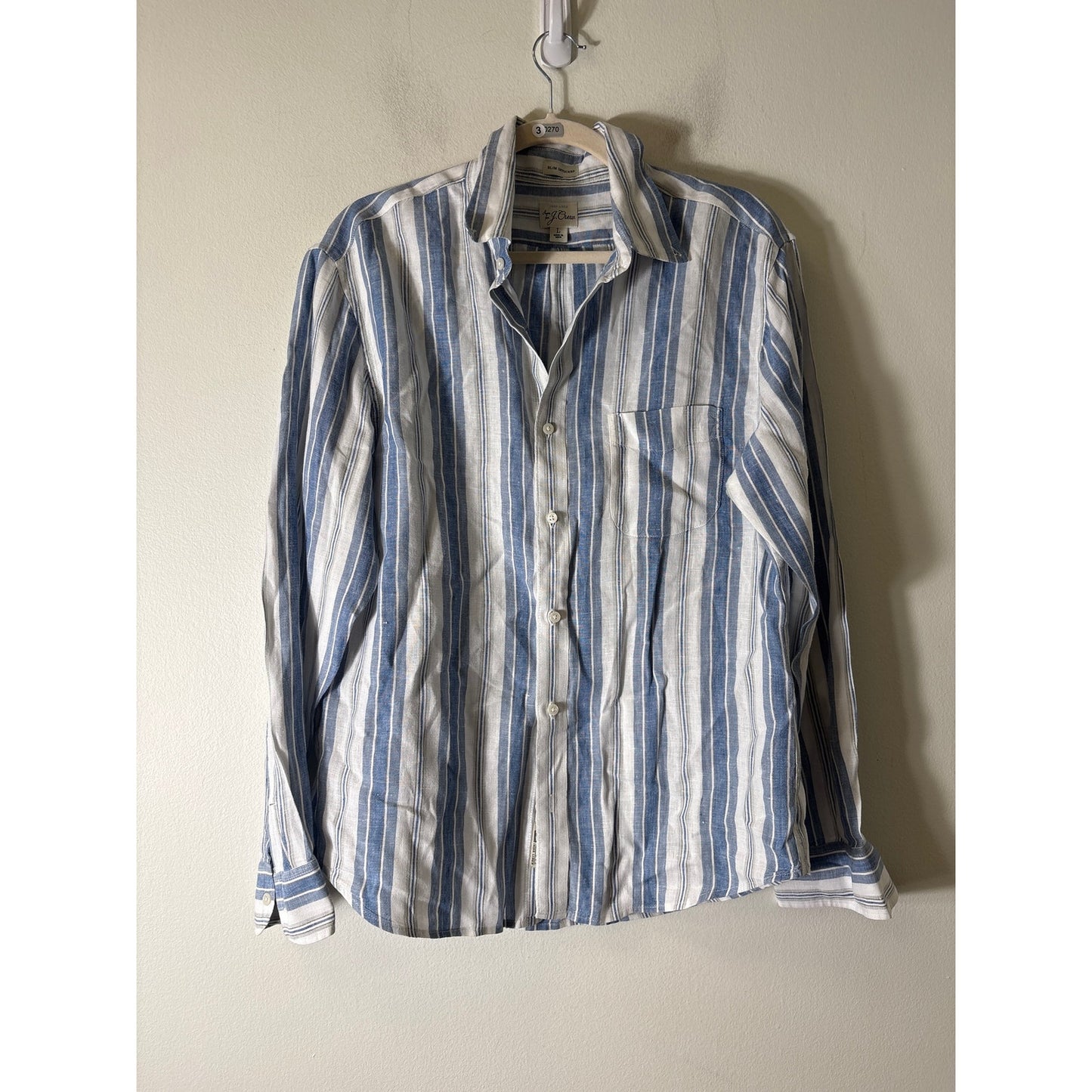 Men's J. Crew Blue White Stripe Long Sleeve Button Up Linen Shirt Sz L