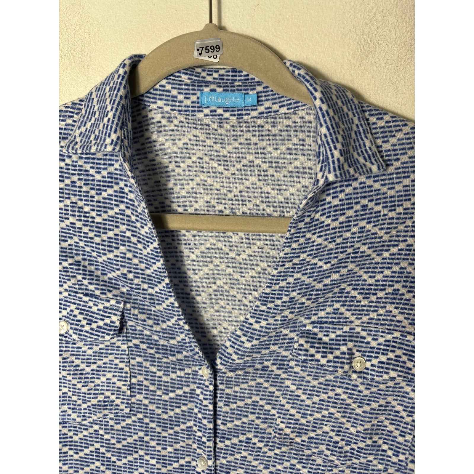 J. McLaughlin Blue and White Soft Button Up V Neck Shirt Sz M