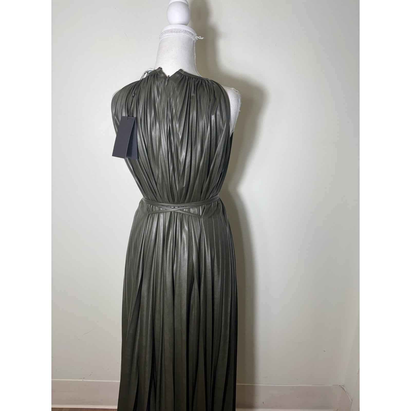 NWT Halston Dark Green "Noah Dress in Pleated Leather" Sz 8