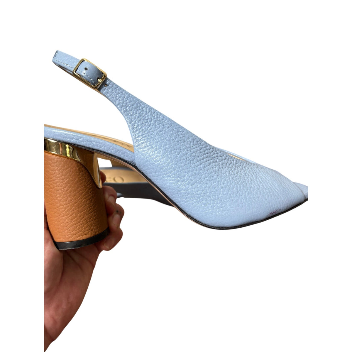 Theo Light Blue Leather Peep Toe Round Heel Pump Sz 38