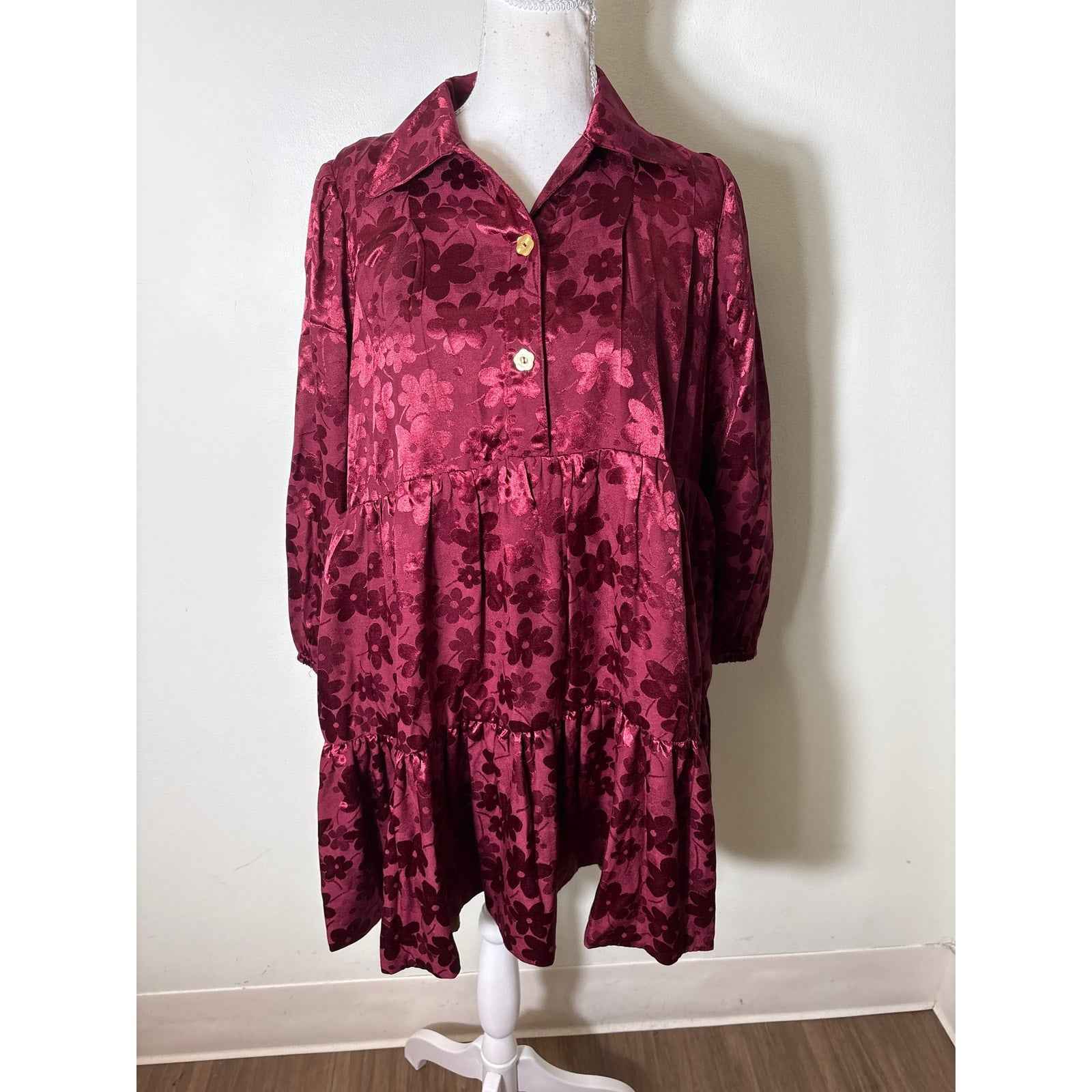 Buru Burgandy Floral Tiered Long Sleeve Baby Doll Dress Sz S