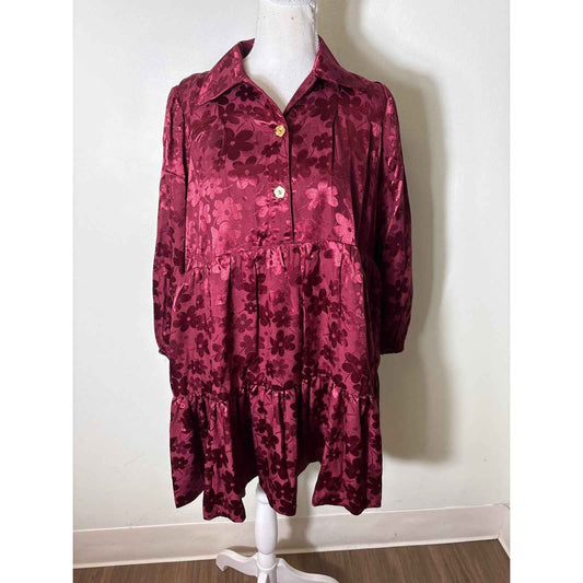 Buru Burgandy Floral Tiered Long Sleeve Baby Doll Dress Sz S