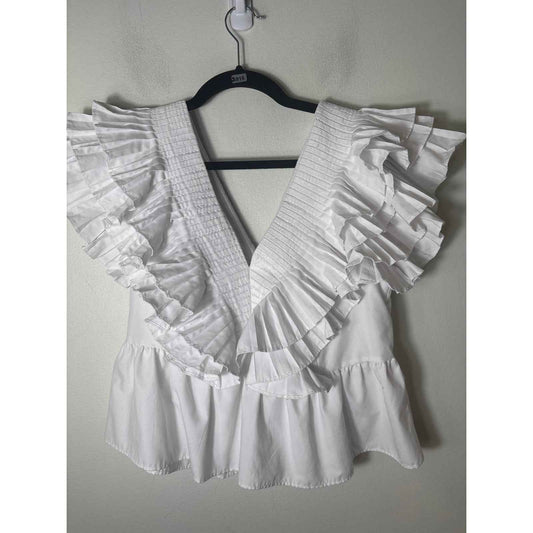 Zara White Deep V-Neck Flutter Sleeve Ruffle Top Sz S
