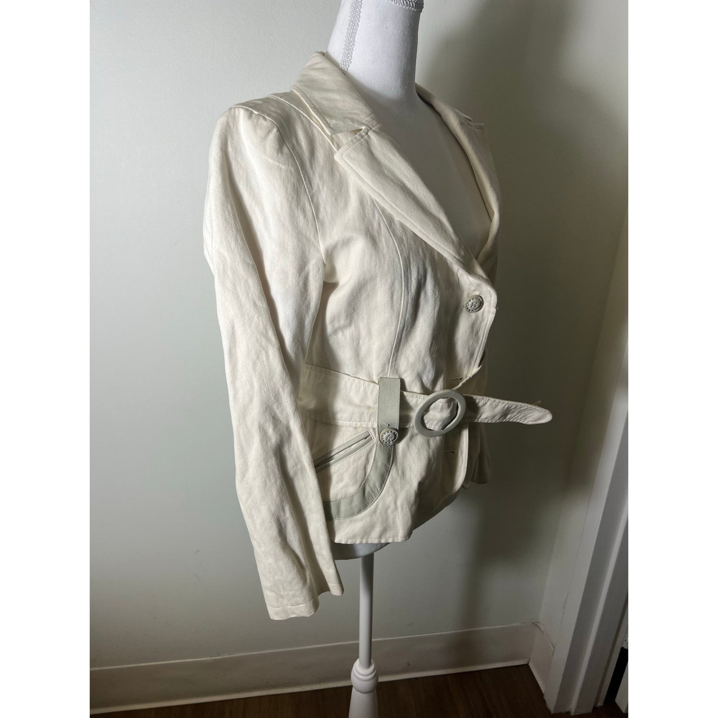 Mackage Off White Long Sleeve Cotton/Leather Belted Blazer Jacket Sz M