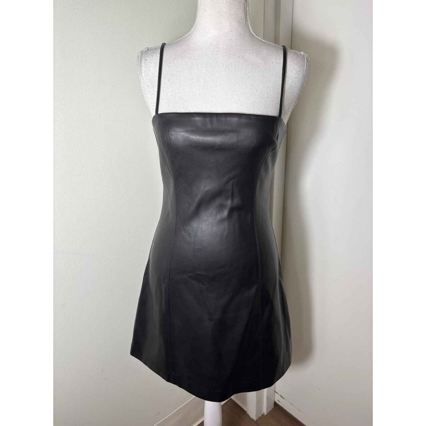 Susana Monaco Black Faux Leather Spaghetti Strap Mini Dress Sz S