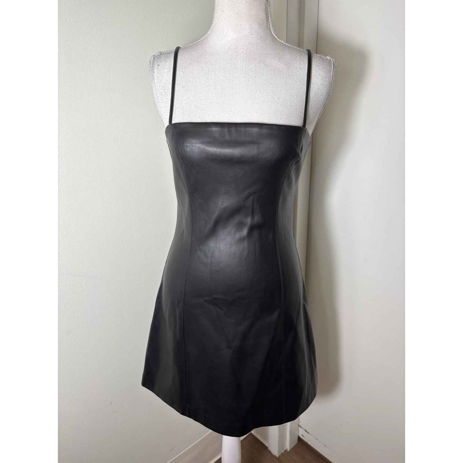 Susana Monaco Black Faux Leather Spaghetti Strap Mini Dress Sz S