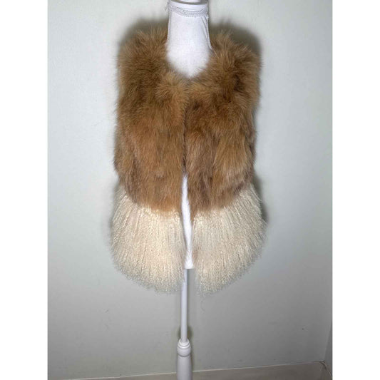 Twin Set Faux Fur Tan/Cream Fringe Vest Sz S