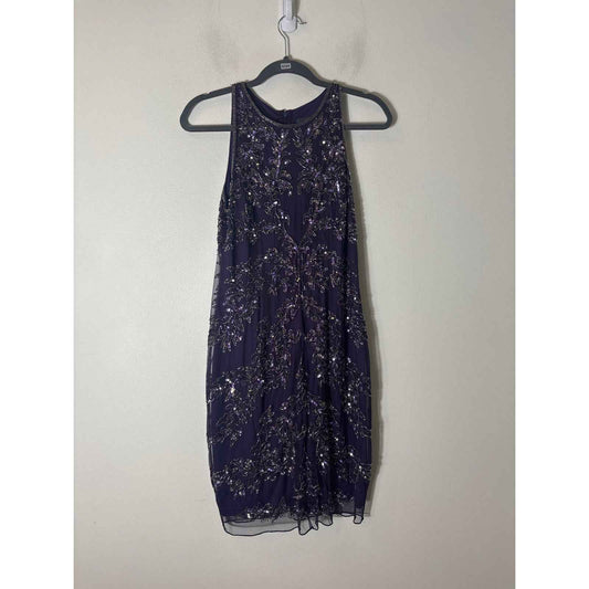 Adriana Paple Eggplant Sleevless Beaded Layered Midi Dress Sz 10
