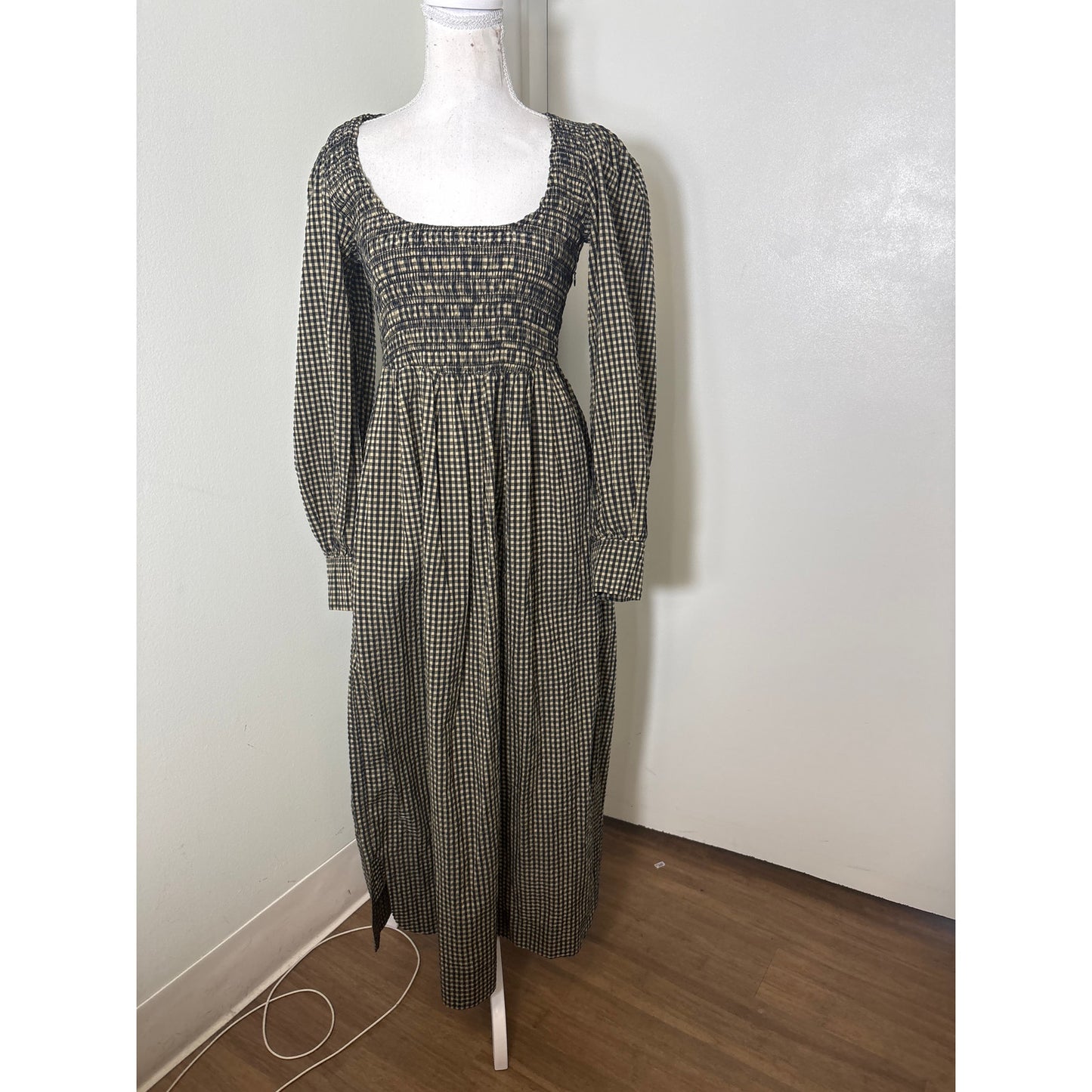 Ganni Tan and Black Check Smocked Bodice Dress Sz 38 (L)