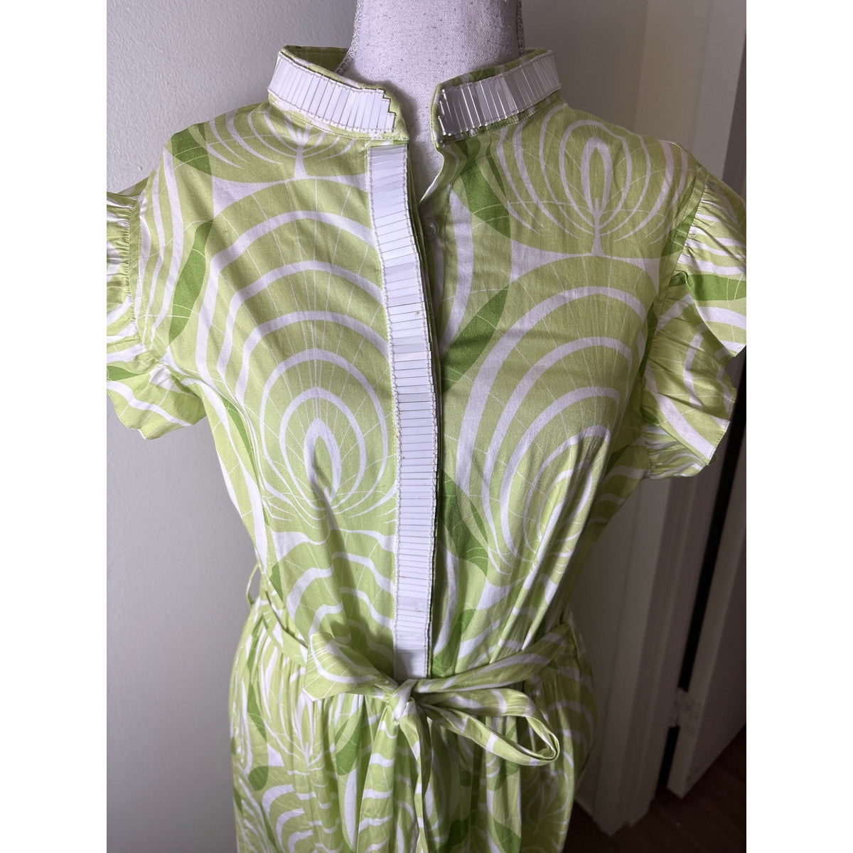 Sheridan French Lime Green White Flutter Sleeve Maxi Dress Sz L