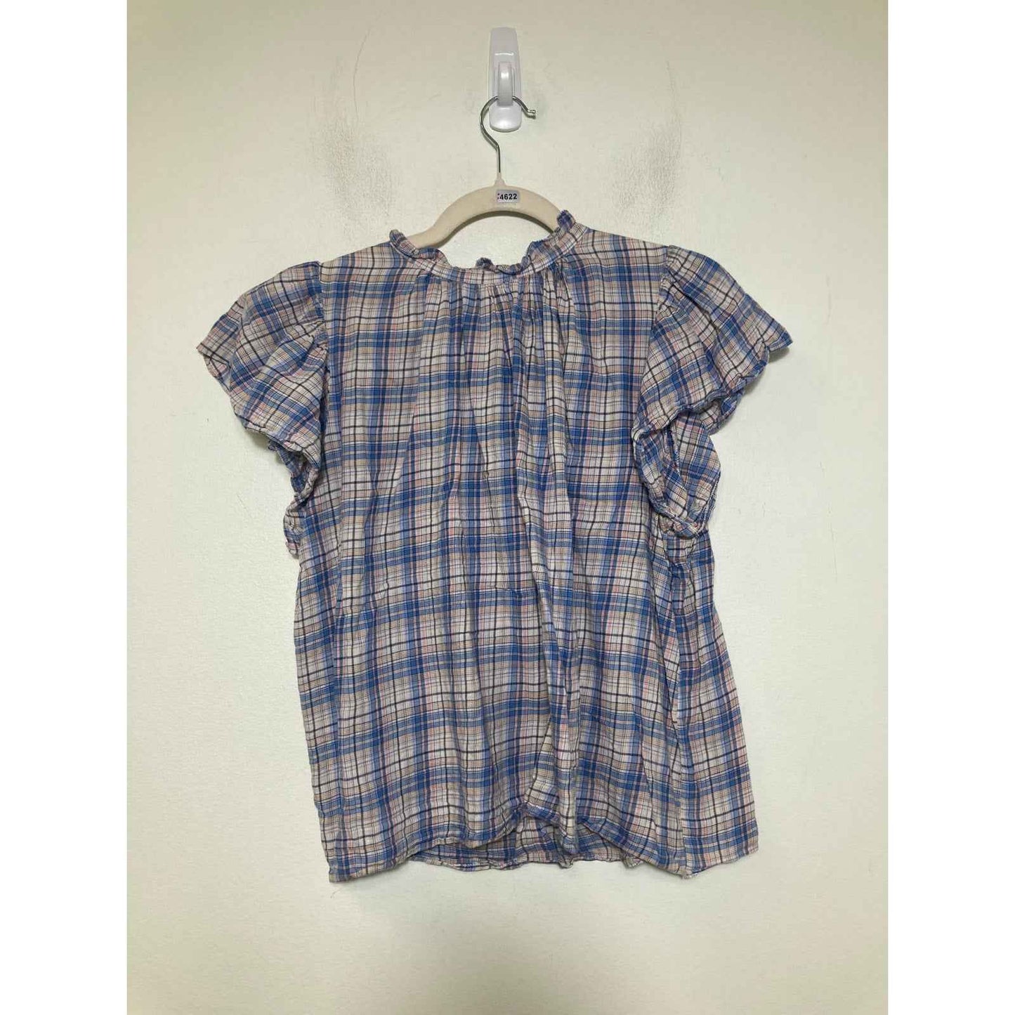 Birds of Paradise Blue Plaid Flutter Sleeve Flannel Top Sz S