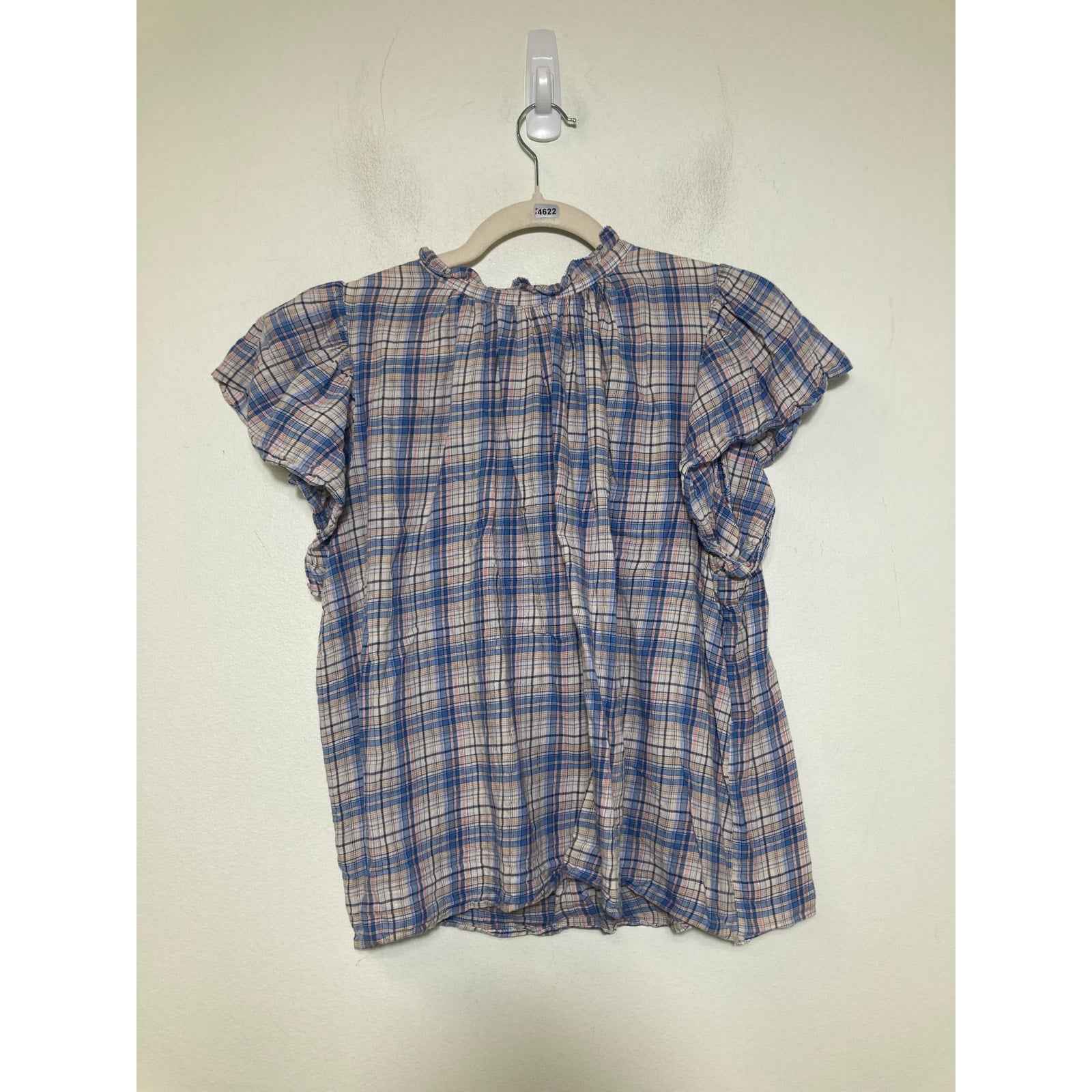 Birds of Paradise Blue Plaid Flutter Sleeve Flannel Top Sz S