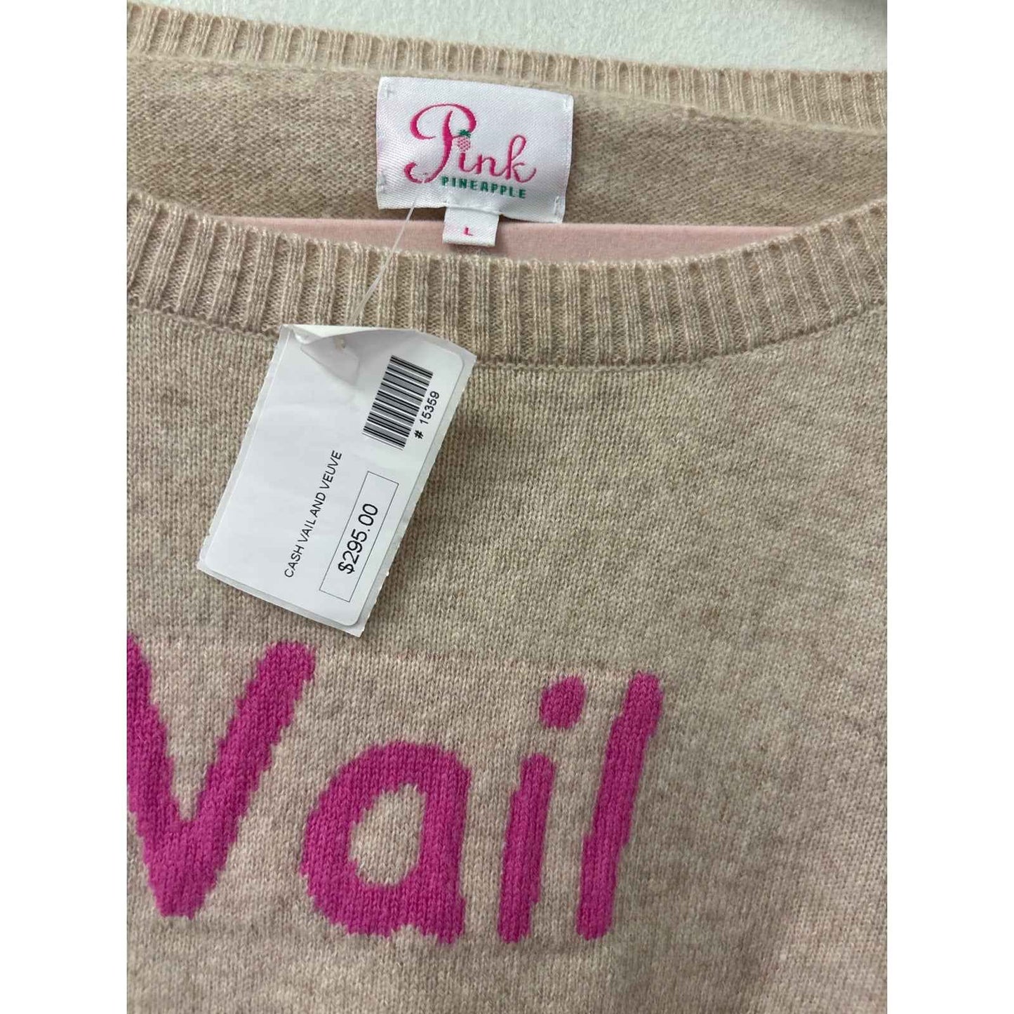 NWT Pink Pineapple Beige Long Sleeve "Vail & Veuve" Cashmere Sweater Sz L