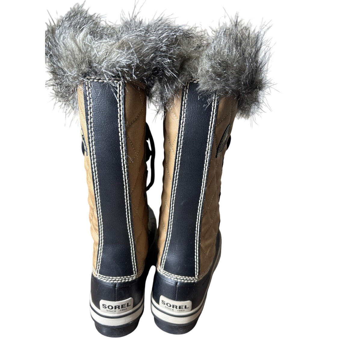 Sorel Tan and Black High Lace Up Quilted Fur Trimmed Boots sz 8