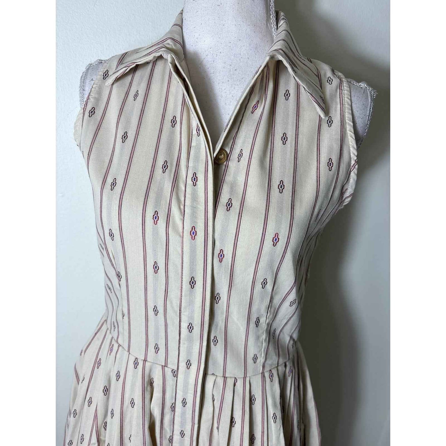 Buru Off White Crimson Sleeveless Cotton Knee Length Dress Sz S