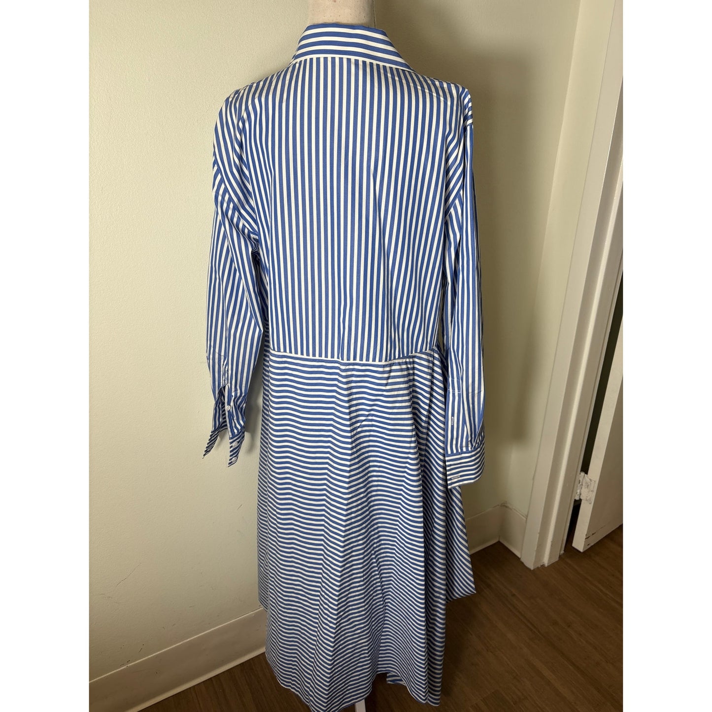 Lafayette 148 Blue and White Stripe Long Sleeve Button Up Maxi Dress Sz L
