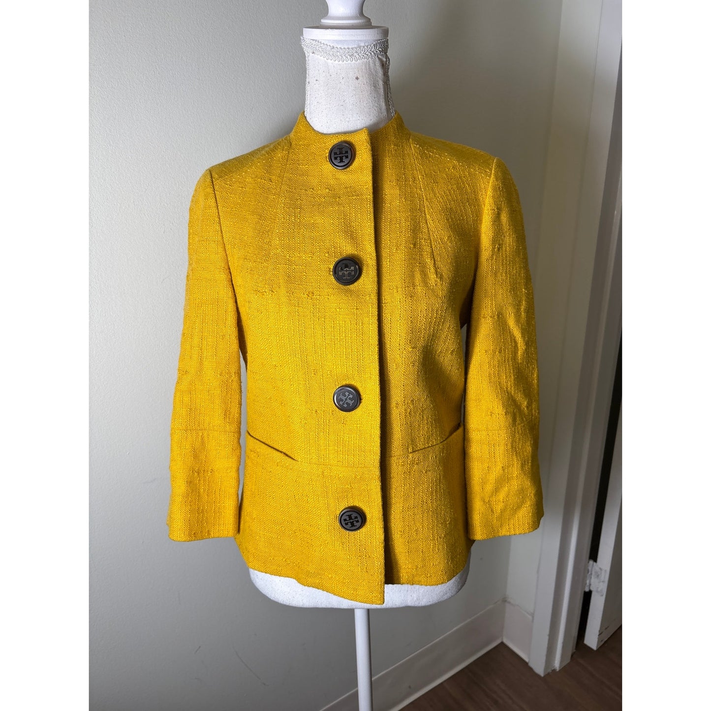 Tory Burch Mustard Yellow Long Sleeve Collarless Tweed Jacket Sz 4