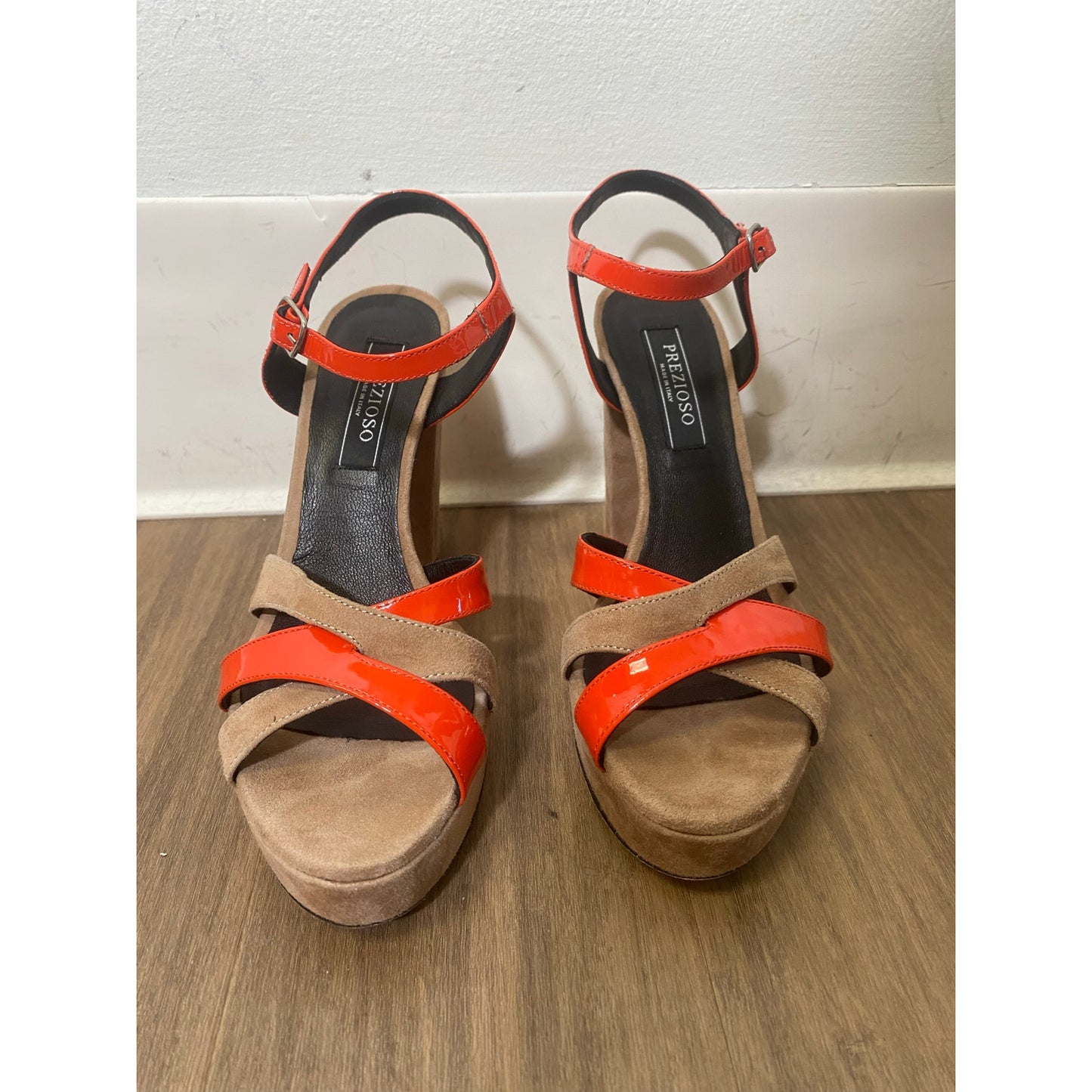 Prezios Rose Suede with Orange Patent Leather Straps "Camoscio Rose" Sz 38 (7.5)