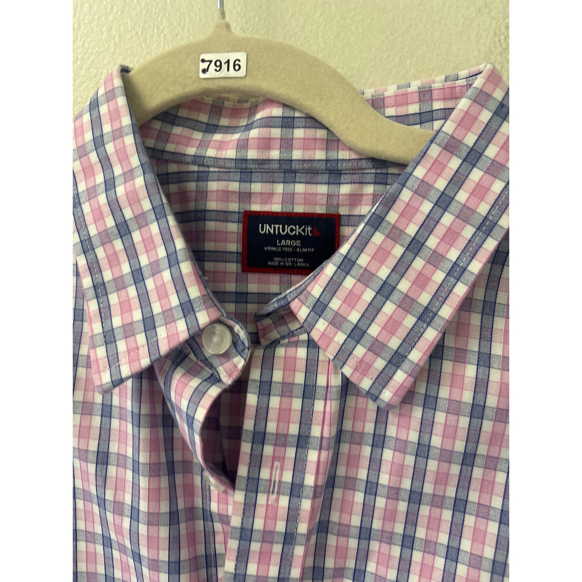 Men's Untuckit Pink Dark Blue Plaid Long Sleeve Button Down Shirt Sz L