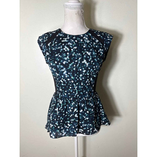 Rebecca Taylor Black Green Print Sleeveless Peplum Cap Sleeve Top Sz 0