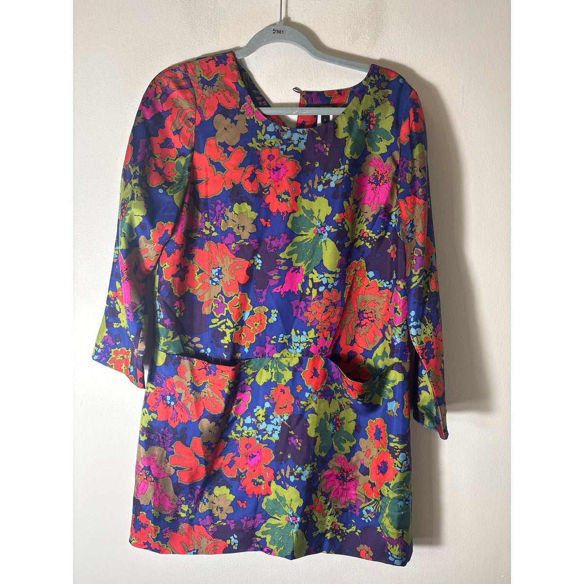 J. Crew Blue Bold Floral Long Sleeve Silk Mini Shift Dress Sz 6