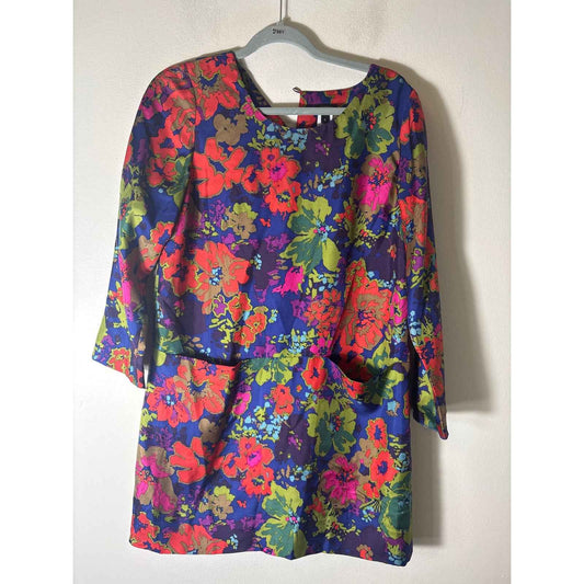 J. Crew Blue Bold Floral Long Sleeve Silk Mini Shift Dress Sz 6