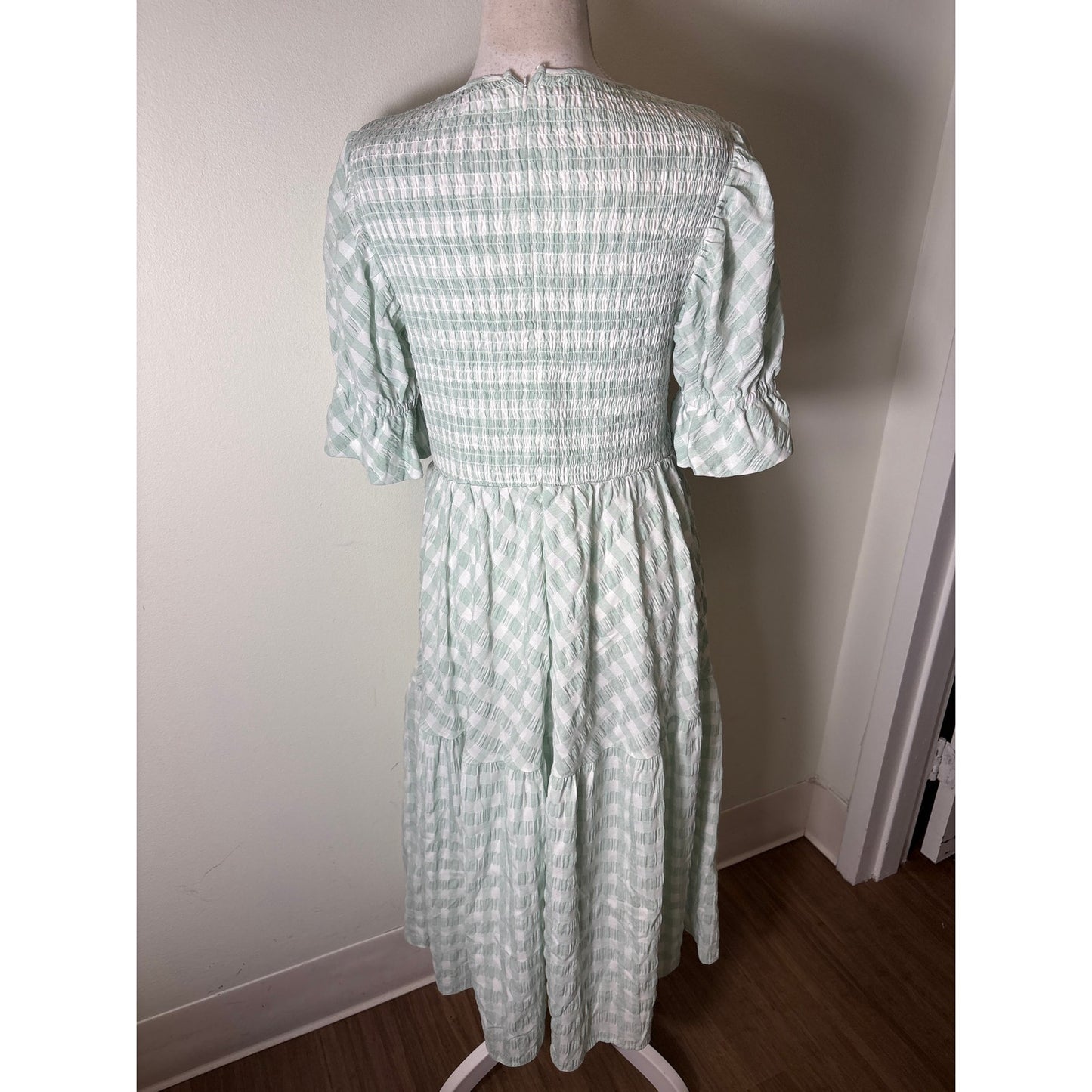 Tuckernuck Mint Green Gingham Half Sleeve Smocked Maxi Dress Sz L