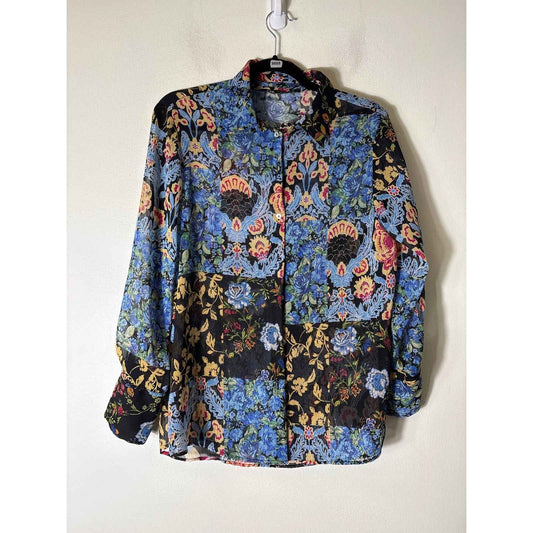 Zara Black Sheer Multicolor Floral Blouse Sz M