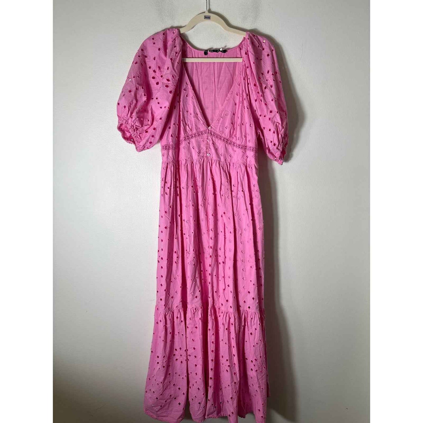 Zara Bubble Gum Pink Cotton Eyelet Half Puff Sleeve Maxi Dress Sz M