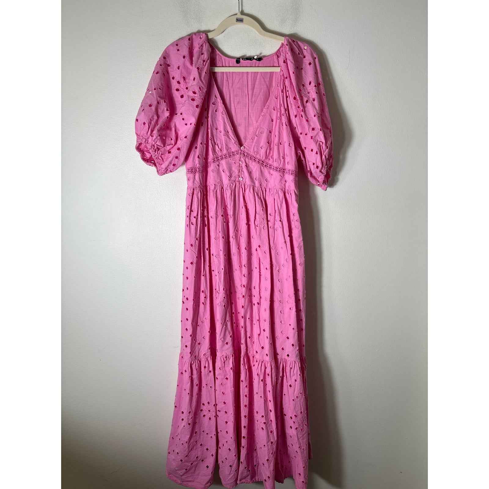 Zara Bubble Gum Pink Cotton Eyelet Half Puff Sleeve Maxi Dress Sz M