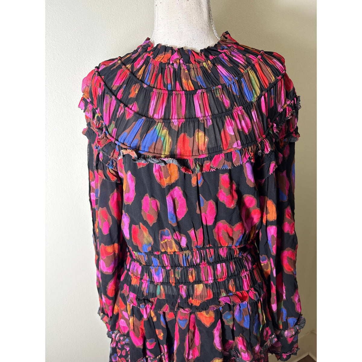 Farm Rio Black and Pink Long Sleeve Tiered Mini Dress Sz S