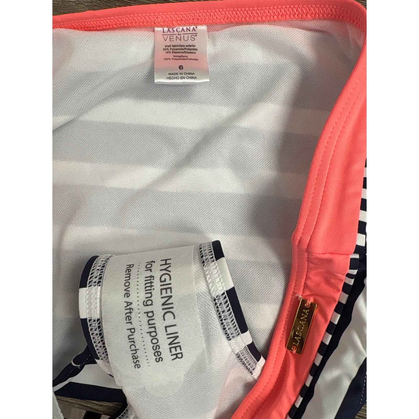 New W Liner Ascana for Venus Navy Striped W/ Coral Trim Bikini Sz 6 Bottoms, 34B