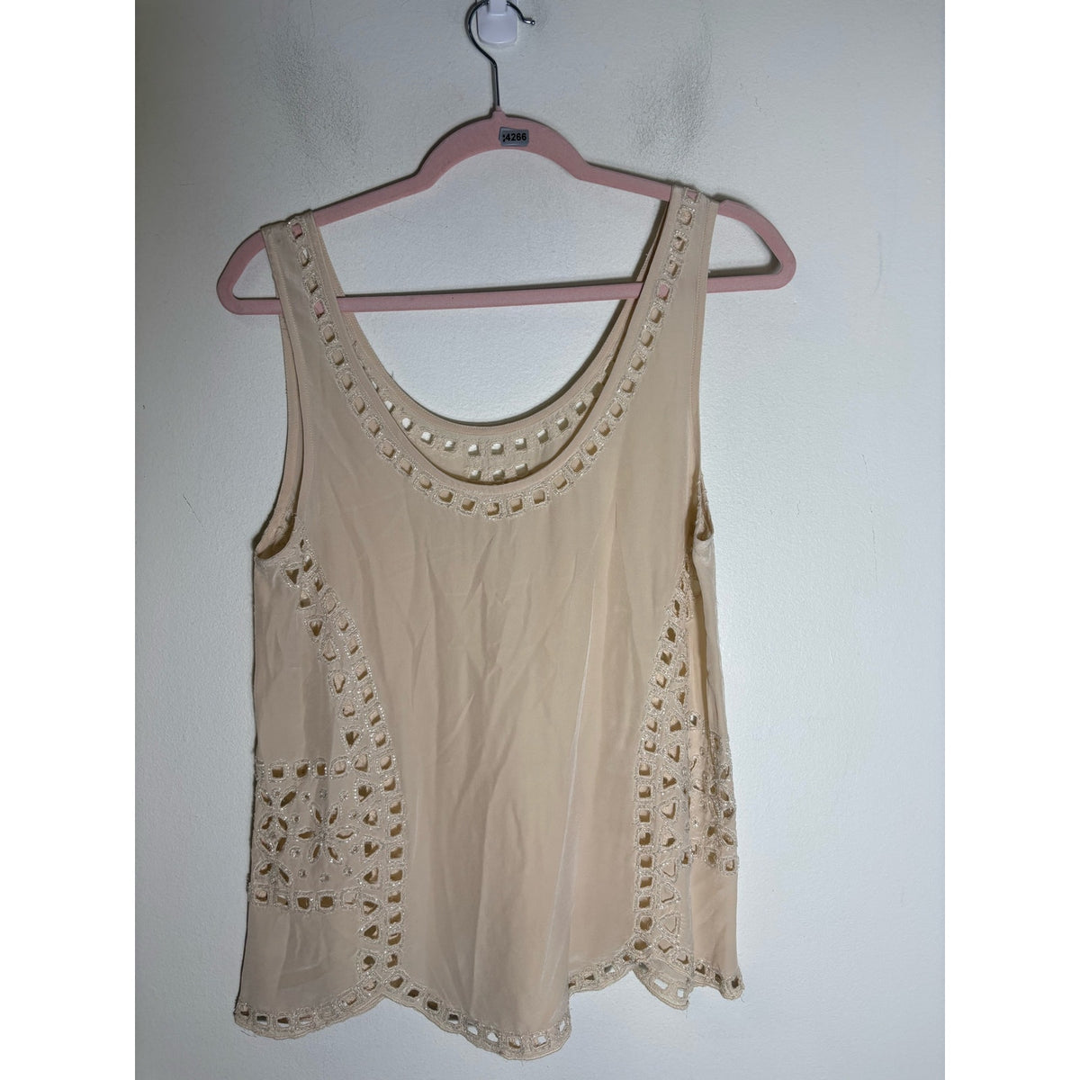 Joie Off White Silk Sleeveless Silk Tank with Embroidered Cut Outs Sz M