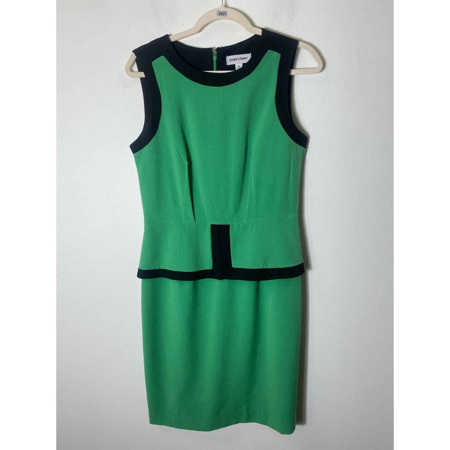 Shelby & Palmer Green Black Border Peplum Sleeveless Dress Sz 8