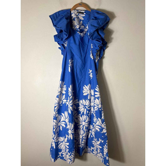 Zara Blue and White Floral Flutter Sleeve Cotton Maxi Dress Sz XS