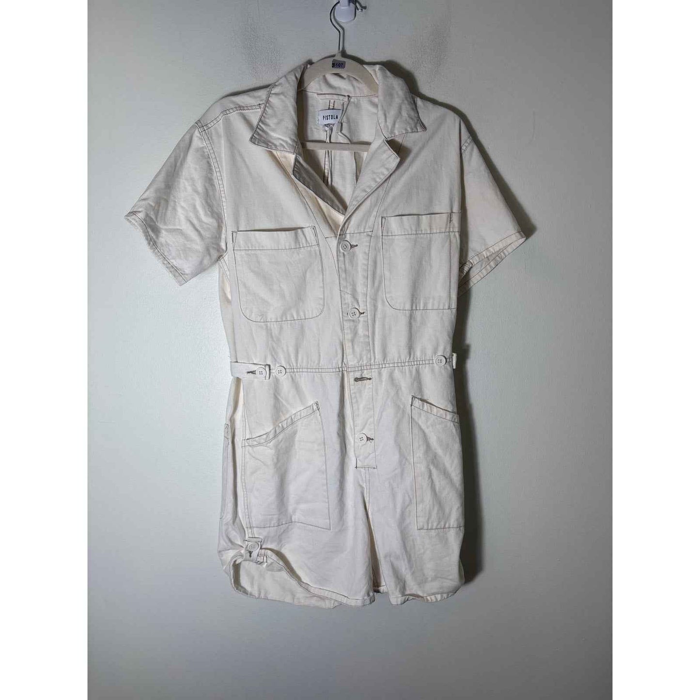 Pistola Off White Short Sleeve Cotton Button Up Romper Sz M