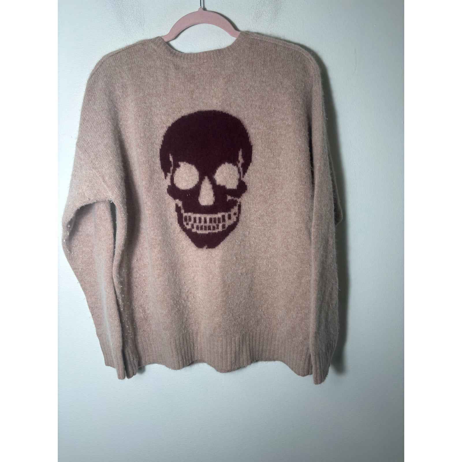 Skull Cashmere Pink V Neck W Skull On Back Sweater Sz s