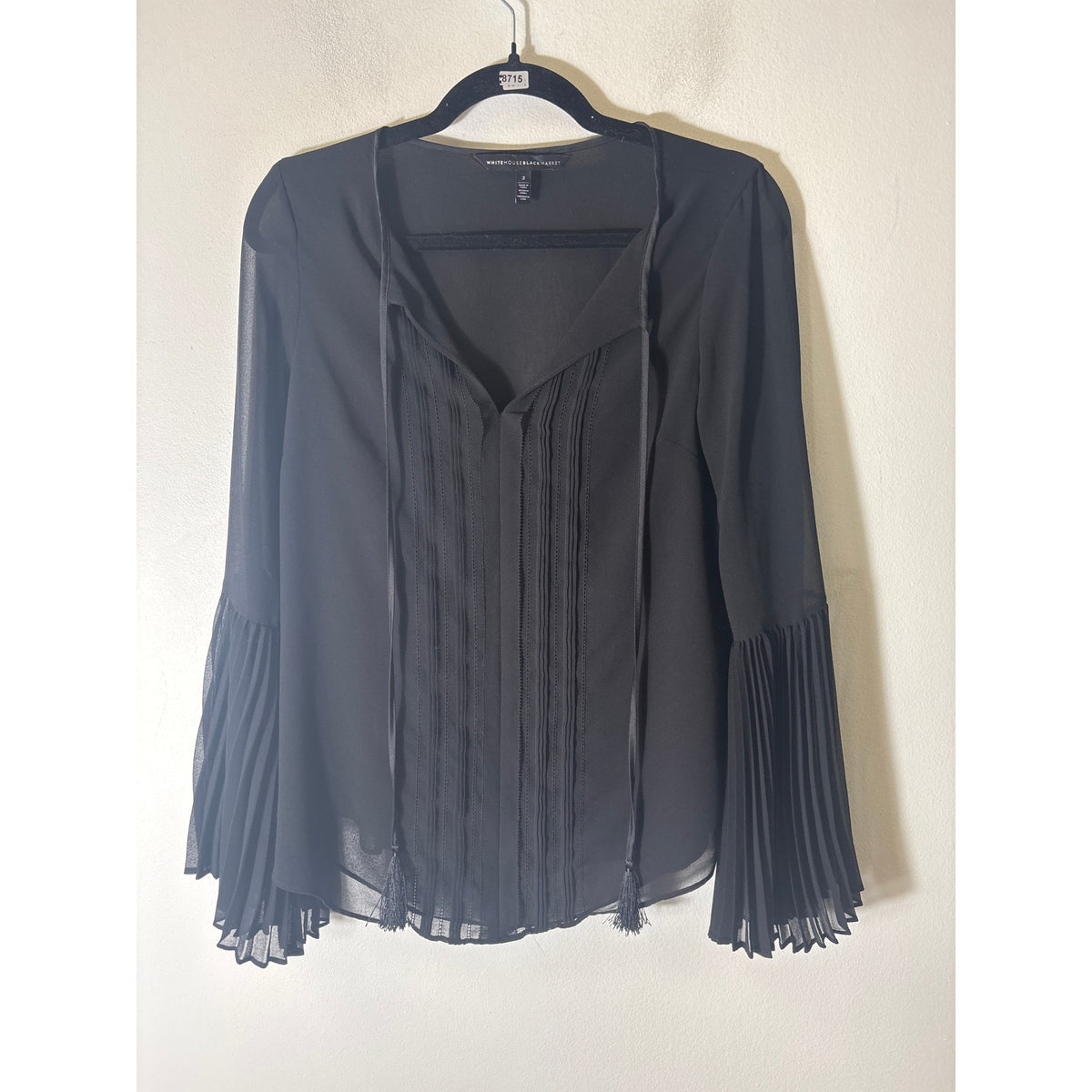 White House Black Market Long Pleated Sleeve Sheer Black Top Sz 2