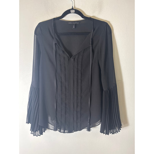 White House Black Market Long Pleated Sleeve Sheer Black Top Sz 2