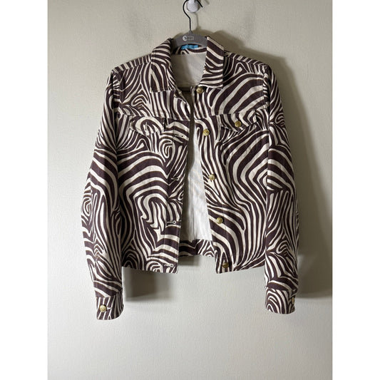 J. McLaughlin Brown Zebra Print Long Sleeve Denim Jacket Sz XS